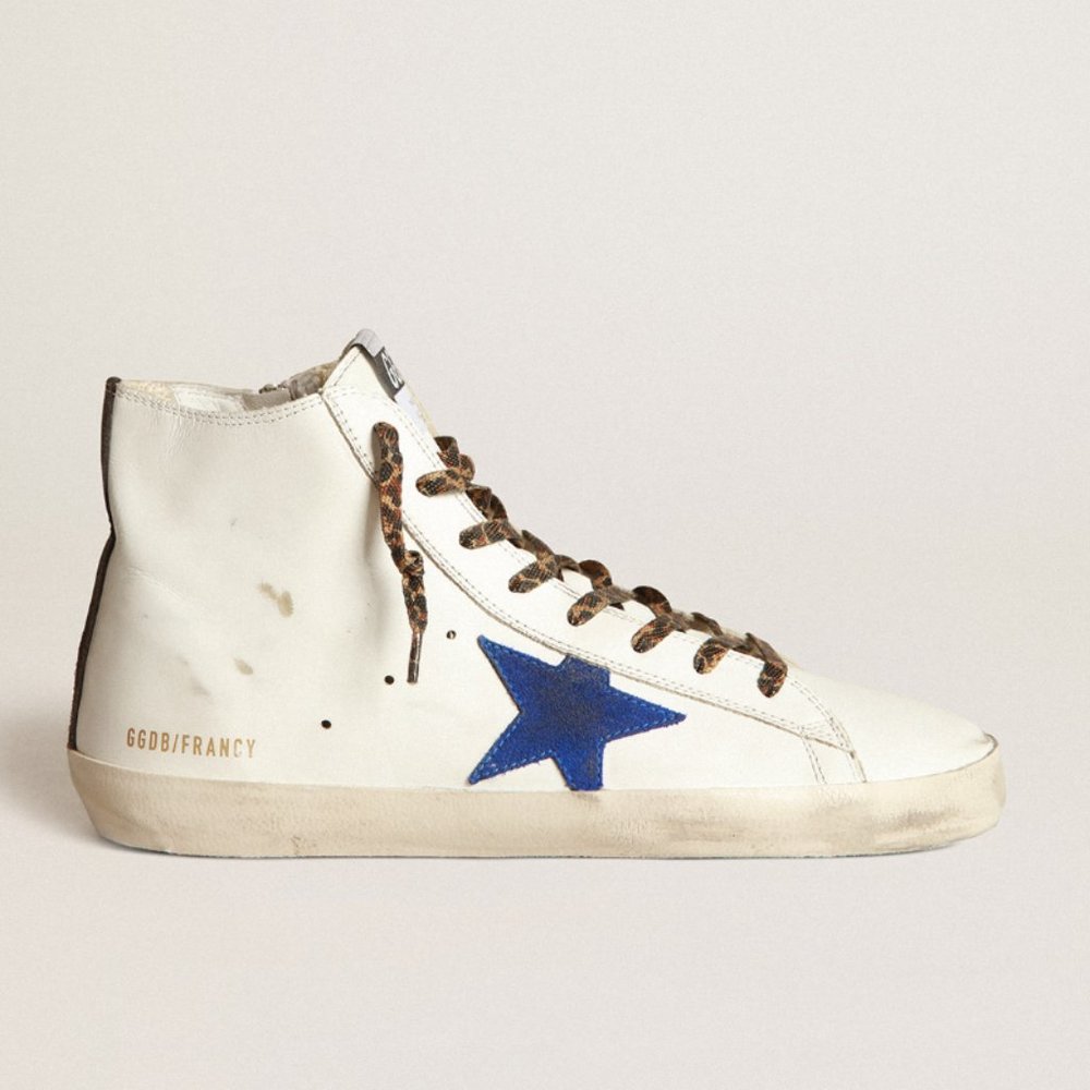 Golden Goose Francy Women’s High-Top Sneakers White with blue star leopard laces